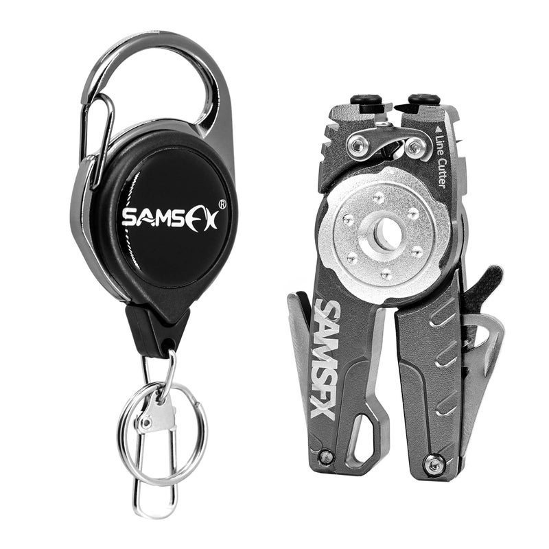 SAMSFX Fishing Tungsten Line Cutter with Zinger Retractors, Fishing Pliers, Knot Tying Tool, Hook Eye Cleaner, Hook Sharpener, Tune Baits & Loop Tyer Tool (Gray Line Cutter with Retractor) - Image 1